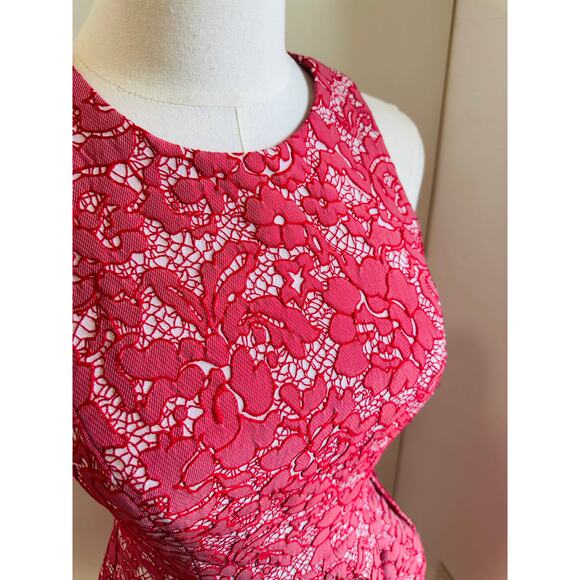 ML Monique Lhuillier Lace Pattern High Low Formal Dress Red white SZ SM Pockets - Picture 9 of 16
